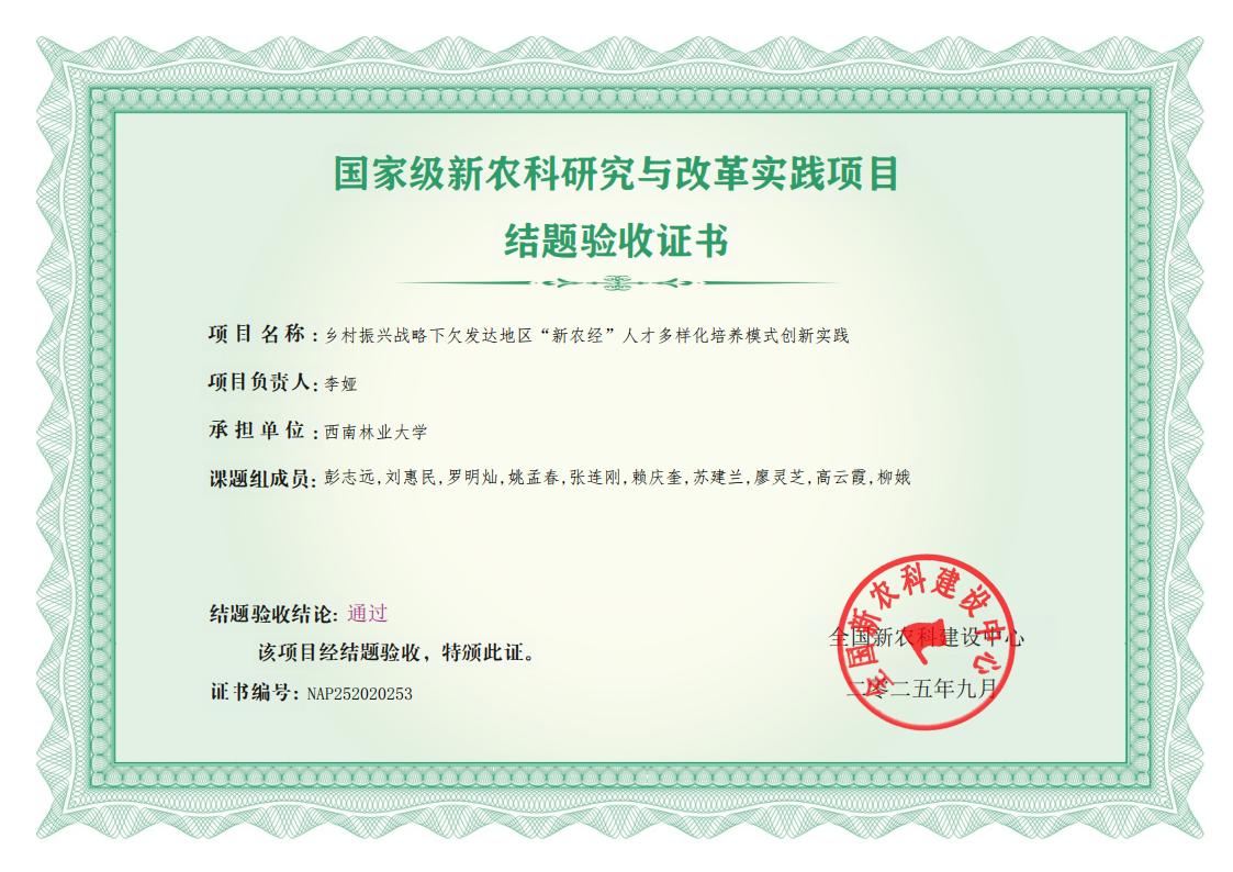 李娅-教育部新农科结题证书:2020253-乡村振兴战略下欠发达地区“新农经”人才多样化培养模式创新实践_01 李娅-教育部新农科结题证书:2020253-乡村振兴战略下欠发达地区“新农经”人才多样化培养模式创新实践_01